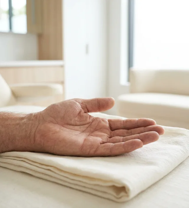 Geöffnete Hand eines älteren Mannes liegt auf einem gefalteten Handtuch, zur Behandlung bei Morbus Dupuytren