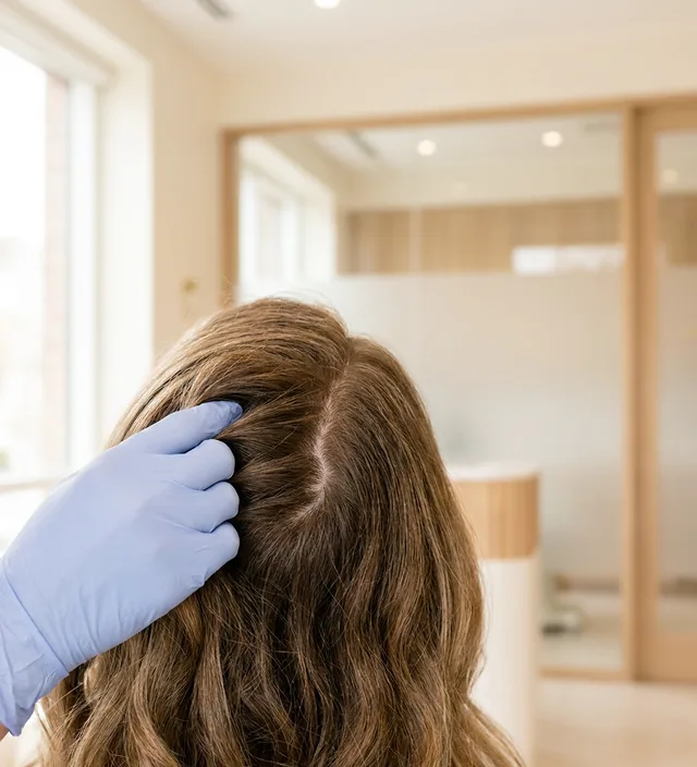 Behandschuhte Hand scheitelt das lange Haar einer Frau am Oberkopf, zur Eigenbluttherapie bei Haarausfall
